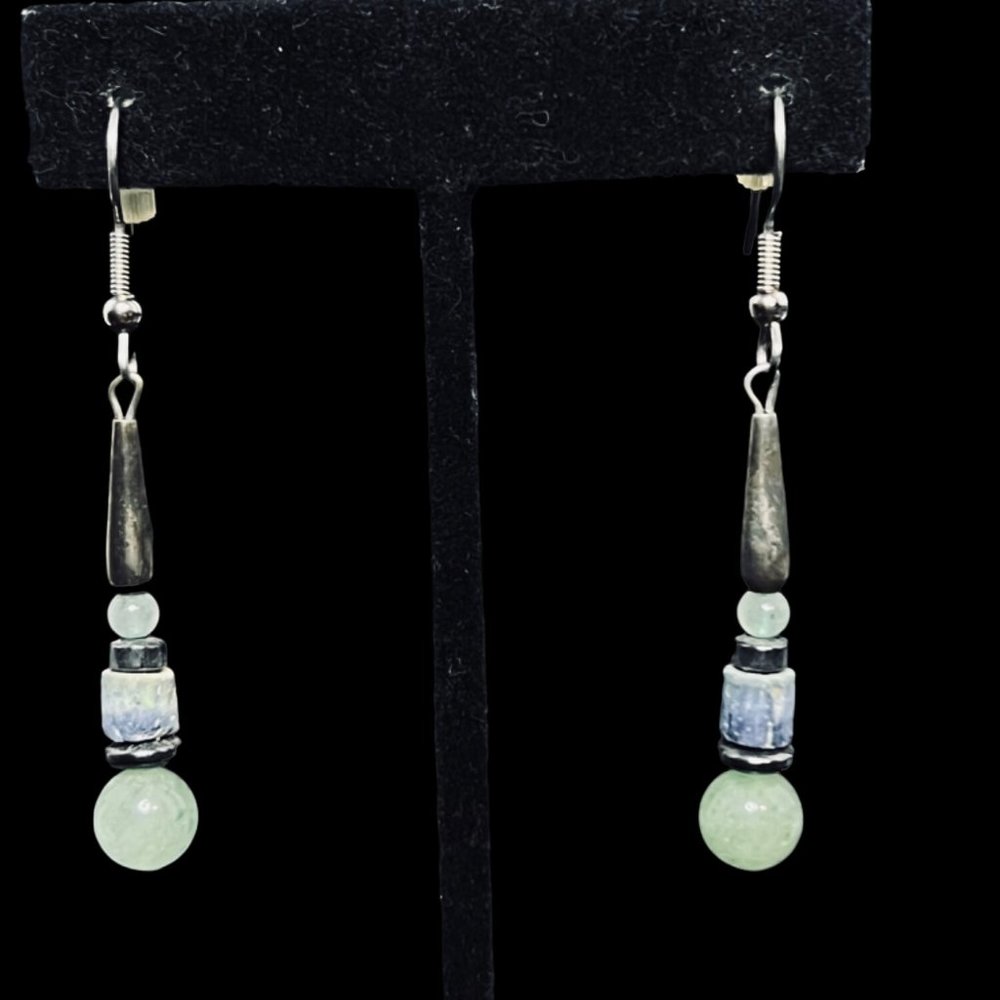 Semi Precious Green & Blue Bead Necklace, Bracelet & Pierced Earrings Set (4939) - Picture 9 of 13